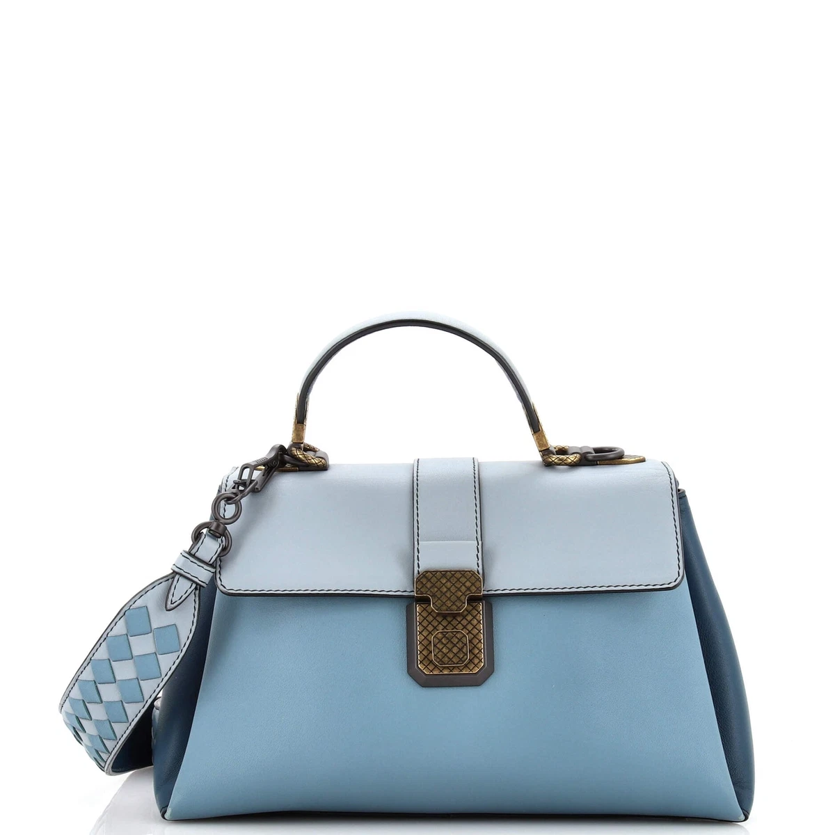 Bottega Veneta Piazza Top Handle Bag Leather with Intrecciato Detail Small Blue