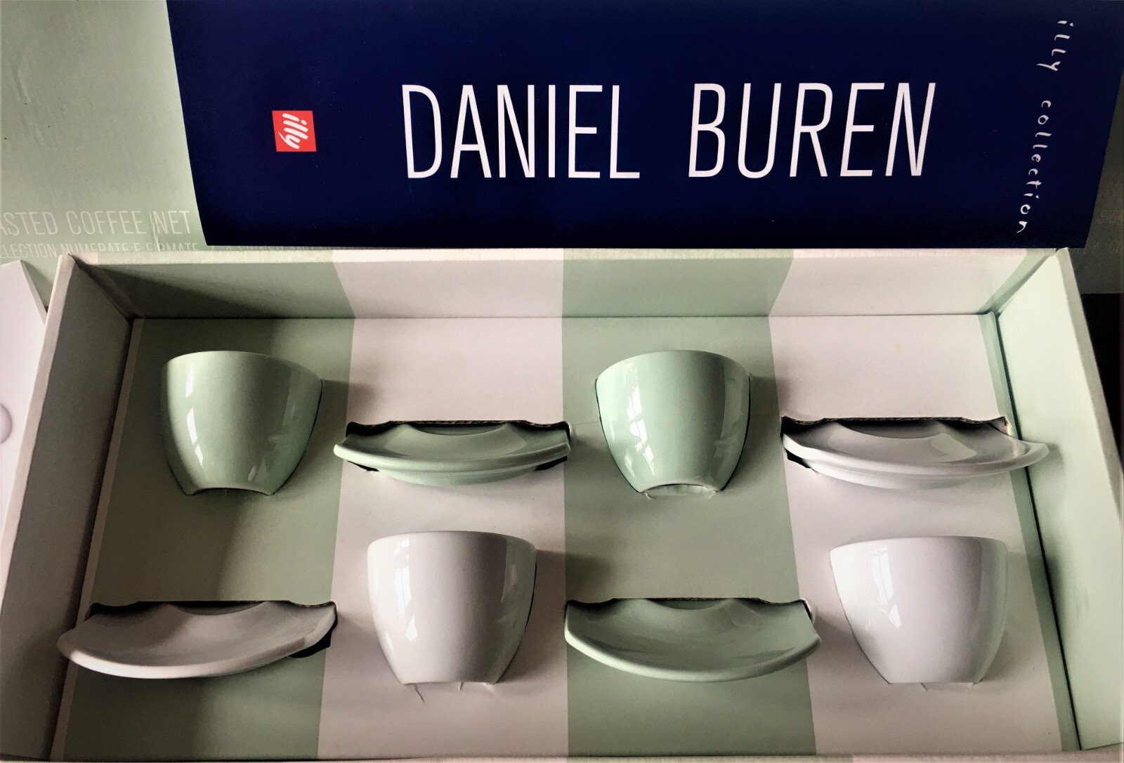 Illy Art Collection 2004 Daniel Buren Blanco Verde Juego de tazas y platillos de café espresso LE