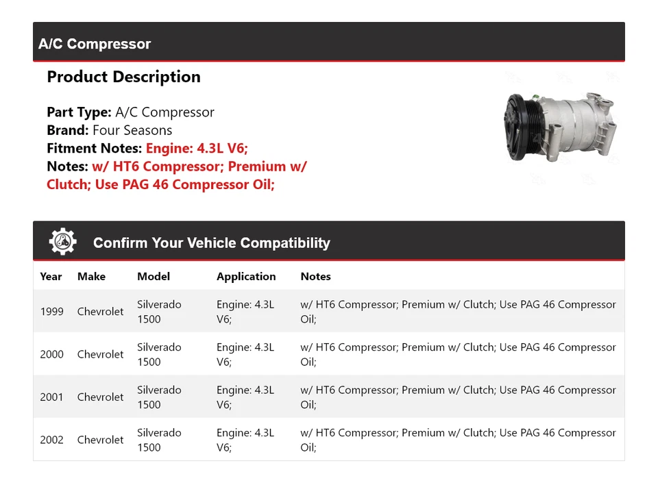Para Chevrolet Silverado 1500 1999-2002 4,3 L V6 compresor de aire acondicionado 4 estaciones 2000 Foto 2 de 4