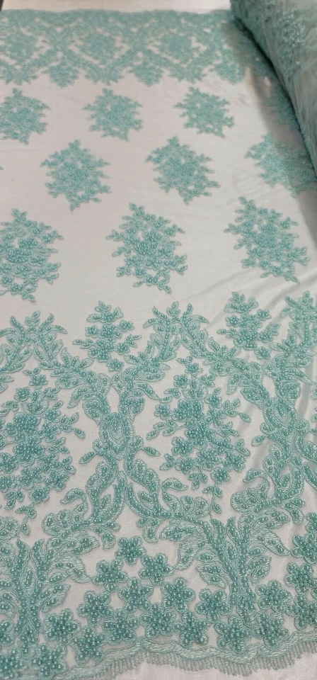 Mint Lace Beaded Embroidery Fabric By The Yard Prom Dress Scalloped On Mesh  - Image 4 of 4