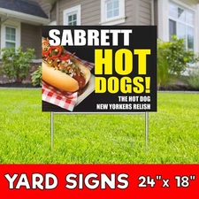 SABRETT HOT DOGS Yard Sign Corrugate Plastic with H-Stakes Fast Food Burger Bar
