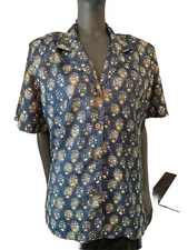 Vintage 90s Blue Floral Blouse LAURE LEE Collared Button Down Shirt size 18