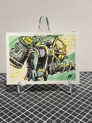 ACEO handmade ink/water color Yellow/Green/Black Big Daddy Bioshock art card