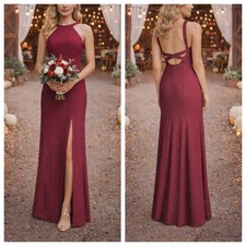 Dessy Collection 3039 Burgundy Crepe Halter Column Gown Slit Sz 14