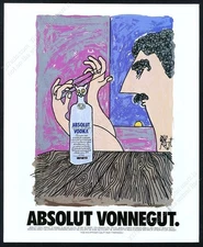 1997 Absolut Vonnegut Vodka Kurt Vonnegut self portrait cat's cradle print ad