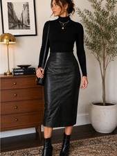 Vintage G-III Leather Black Midi Pencil Skirt 13/14 28 Waist 80s 90s
