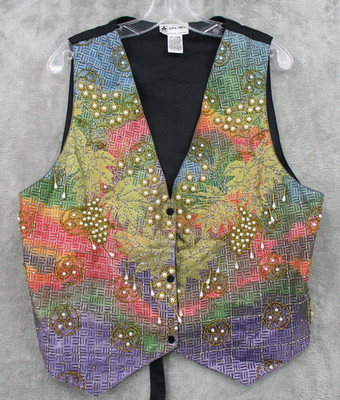 Ana Mori Vest Womens One Size Pearl Beaded Wearable Art Artsy Button Watercolor