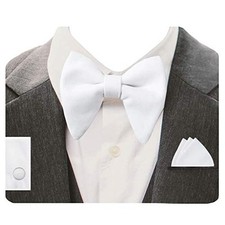 Mens Solid Plaid Velvet Pre-tied Adjustable Bow Tie and Pocket Square White