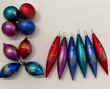 Vintage Blown Glass Blue Gold Stencil Teardrop/Torpedo/Ball Christmas Ornaments