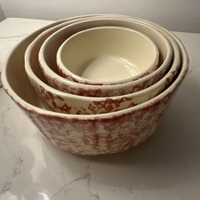 Antique Morton Pottery Illinois Red and White Spongeware Bowls - Set of 4