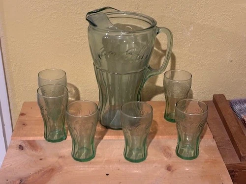 Vtg Coca-Cola Coke Green Glass Pitcher and set of 5 Mini Vintage 4" Tall glasses