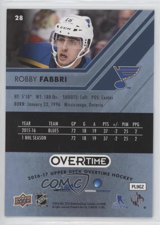 2016-17 Upper Deck Overtime Blue Foil Robby Fabbri #28 - Image 2 of 2