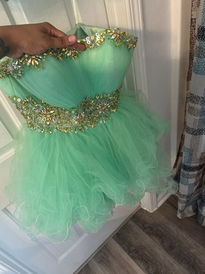 Cinderella Divine CD200 Strapless Green/Gold Tulle Sequin Beaded Prom Dress S