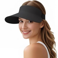 Women's Wide Brim Sun Visor, UPF50 Seamless Ponytail Hat Packable Quick Black