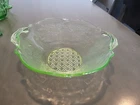 Elegant Green Depression Glass Handled Bowl, Flower Urn and Scrolls Design - 9"