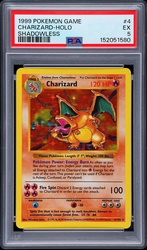 1999 POKEMON BASE SET SHADOWLESS #4 CHARIZARD-HOLO PSA 5