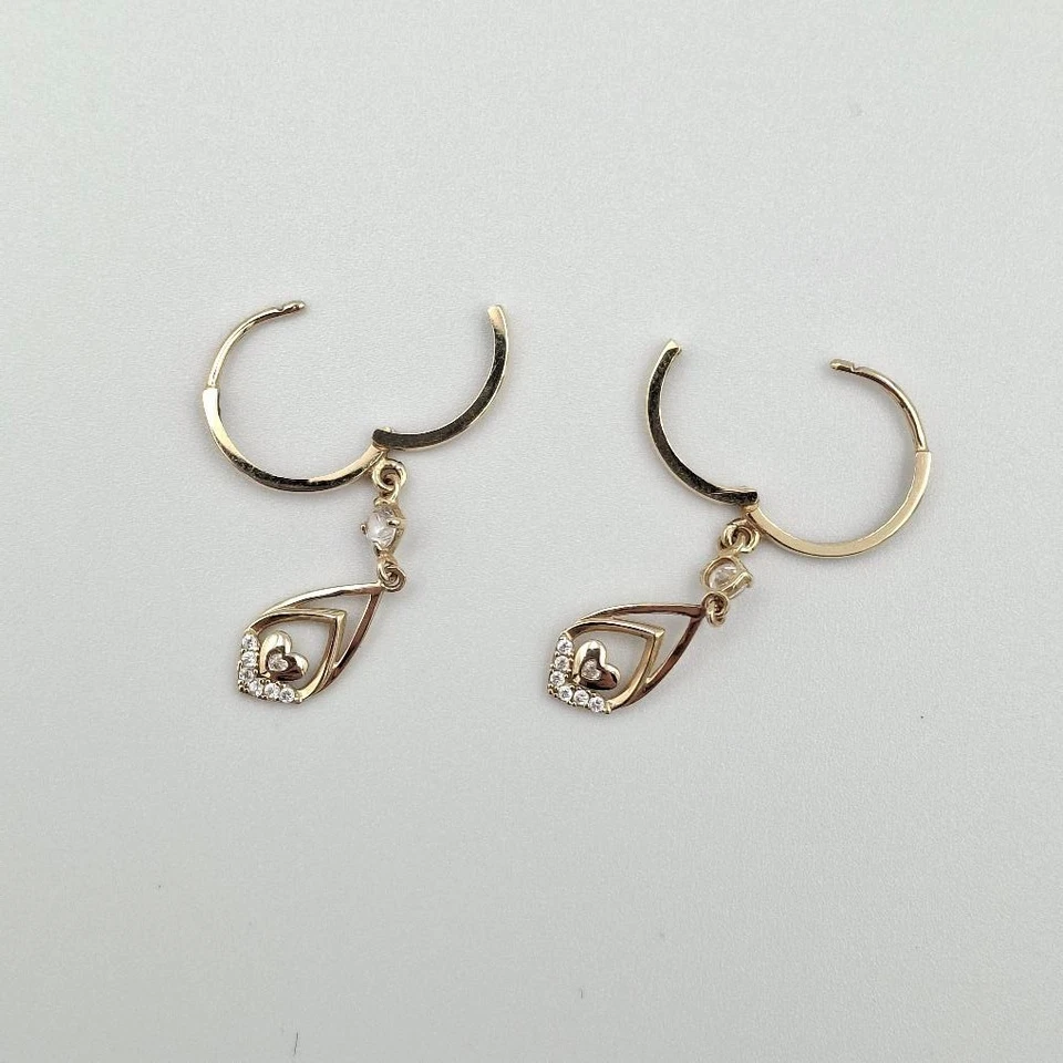 14K Yellow Gold Round Cubic Zirconia CZ Accent Heart Dangle Hoop Earrings - Image 4 of 4