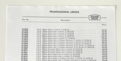 Zeiss Ikon Voigtlander Large Format Lens Listing with 1971 Prices - Photocopy
