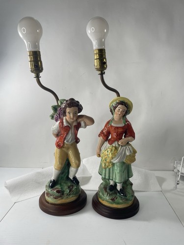 Pair VTG Capodimonte Table Lamps-Grape Harvest Man Woman Italy Hand Painted - Picture 18 of 18