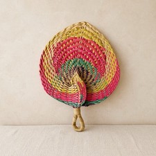 Vintage Handwoven Straw Fan Colorful Folk Art Woven Palm