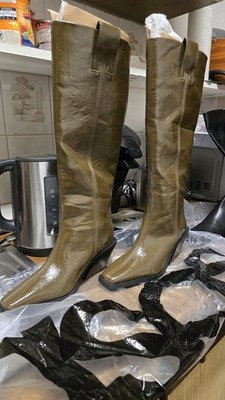 Asos  Casper Hochwertige, kniehohe Damen Lederstiefel in Olivgrün Neu! Gr.37