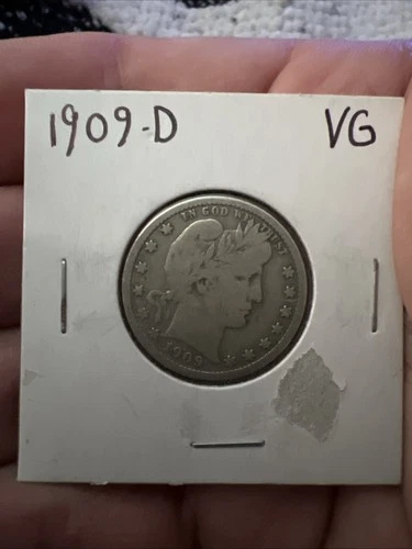 1909 D Barber Quarter Dollar 90% Silver Coin Very Good