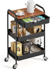 3-Tier Utility Rolling Cart with Wooden Board and Drawer, Metal Storage Cart wit