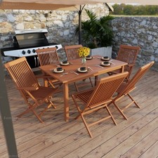 Teak 6 Seat Garden Furniture Set - Table & Folding Chairs, Minimal Assembly