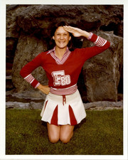 Vtg. Cheerleader on Knees Cute Big Smile Red/White Short Skirt Uniform Snapshot
