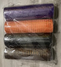 4 Rolls of Halloween Deco Mesh Poly Ribbon 10in x 30ft; Purple, Orange, Black 