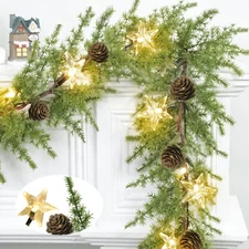 Christmas Garland with Lights, 6 Ft Cedar Pine Garland- Juniper Winter Greene...