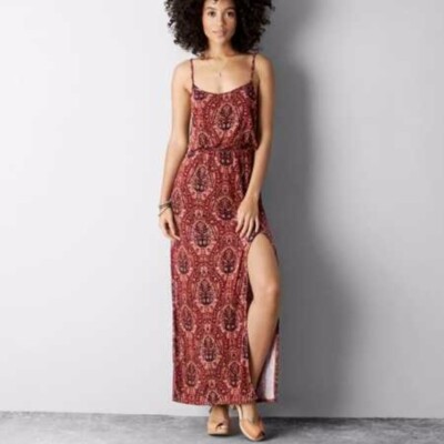American Eagle Outfitters Burgundy Paisley Boho Bohemian High Slit Maxi  Dress XS | eBay