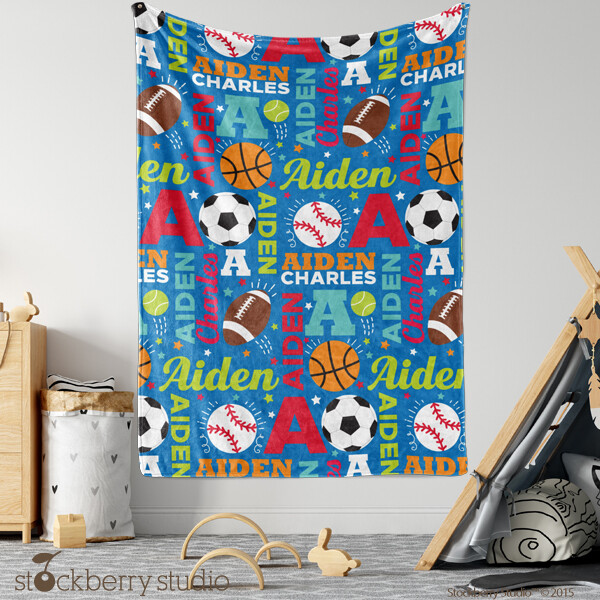 Sports Baby Name Blanket Personalized Nursery Bedding Toddler Boy Soccer