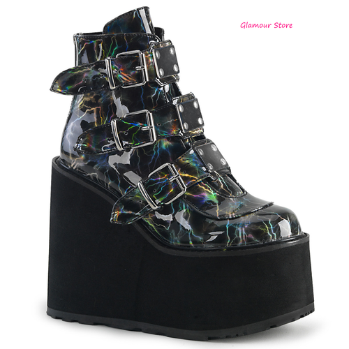 STIVALETTI ANFIBI DONNA Tacco zeppa 14 Nero Olografico 36/42 scarpe Punk  Rock | eBay