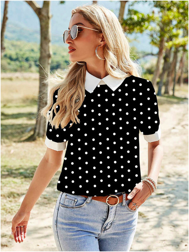 black short sleeve blouse with collar