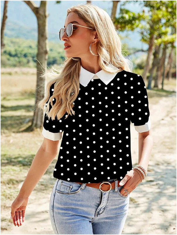 Black Colorblock Contrast Collar Polka Dot Short Sleeve Blouse Top Sz S M L  XL