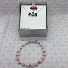 Batman Silver Rainbow Crystal Logo Pendant Necklace DC comics pink bracelet set