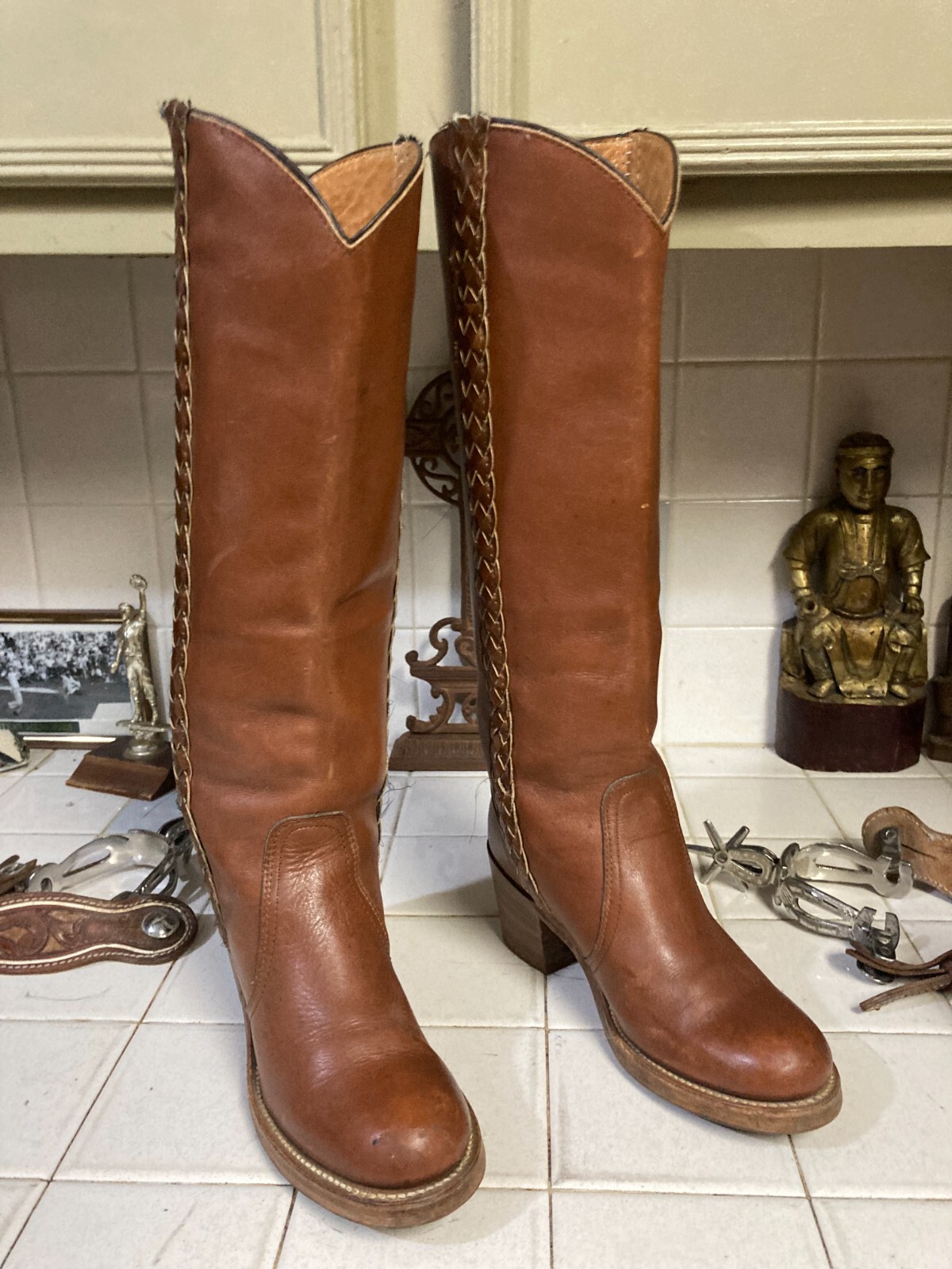 FRYE Brown Leather Authentic Vintage Black Label Tall Knee-High Braided Boots 6B image 8