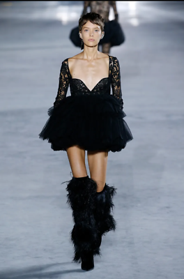 saint laurent lace mini dress Saint Laurent Lace-trimmed Satin Mini Dress