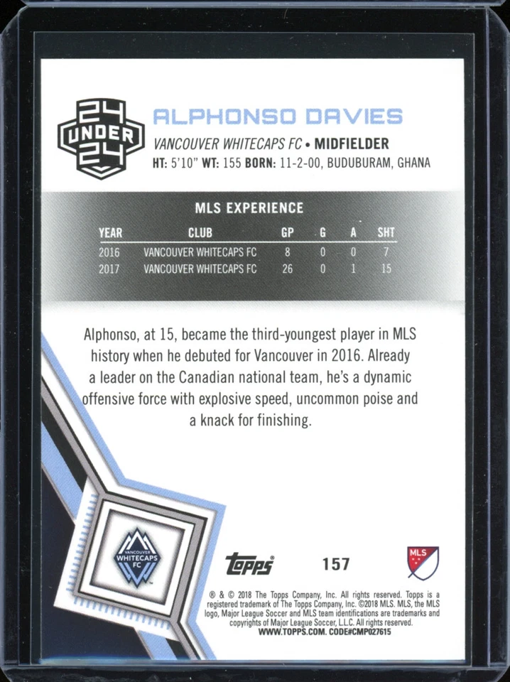 2018 Topps "mls" ALPHONSO DAVIES rc rookie #157 whitecaps CANADA - Image 2 of 2
