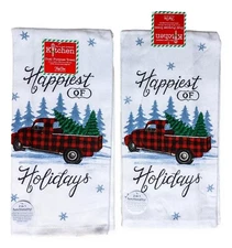 Set of 2 HAPPIEST HOLIDAYS Red Christmas Truck Kitchen Towels by Kay Dee Designs