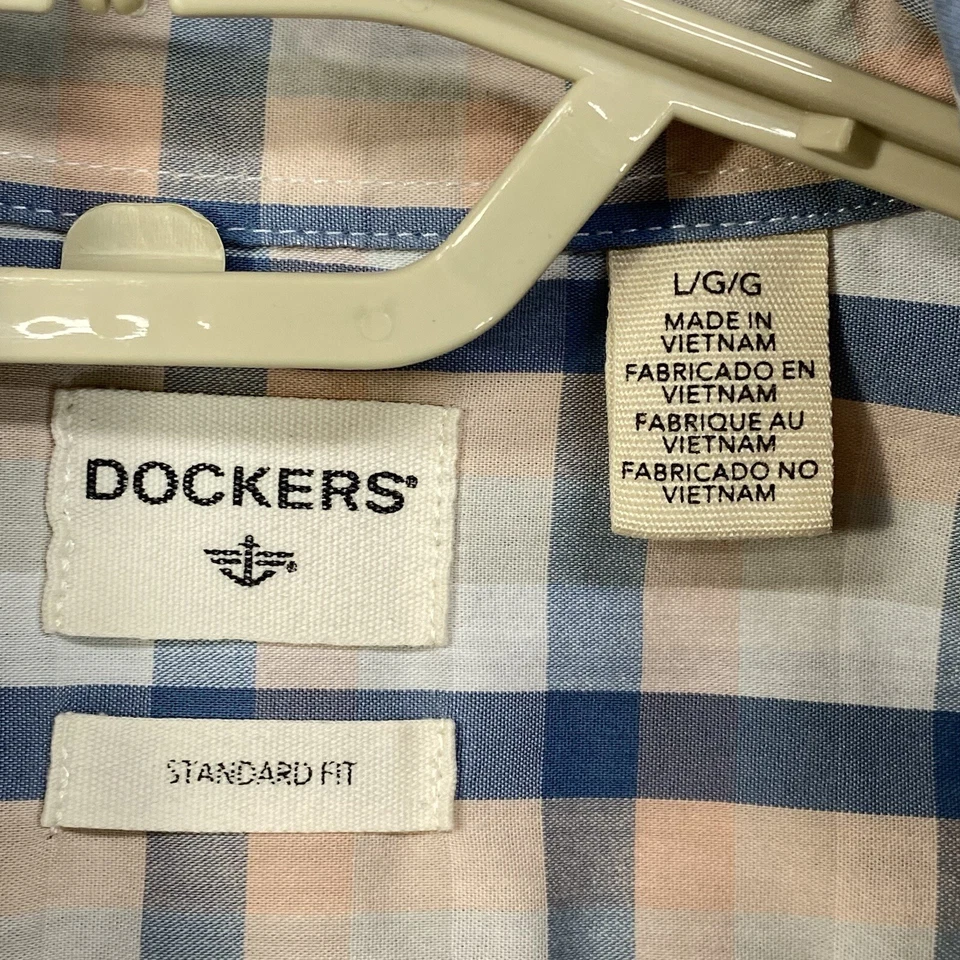 Camisa de vestir Dockers para hombre ajuste estándar L rosa azul blanco a cuadros estilo derby Foto 3 de 4