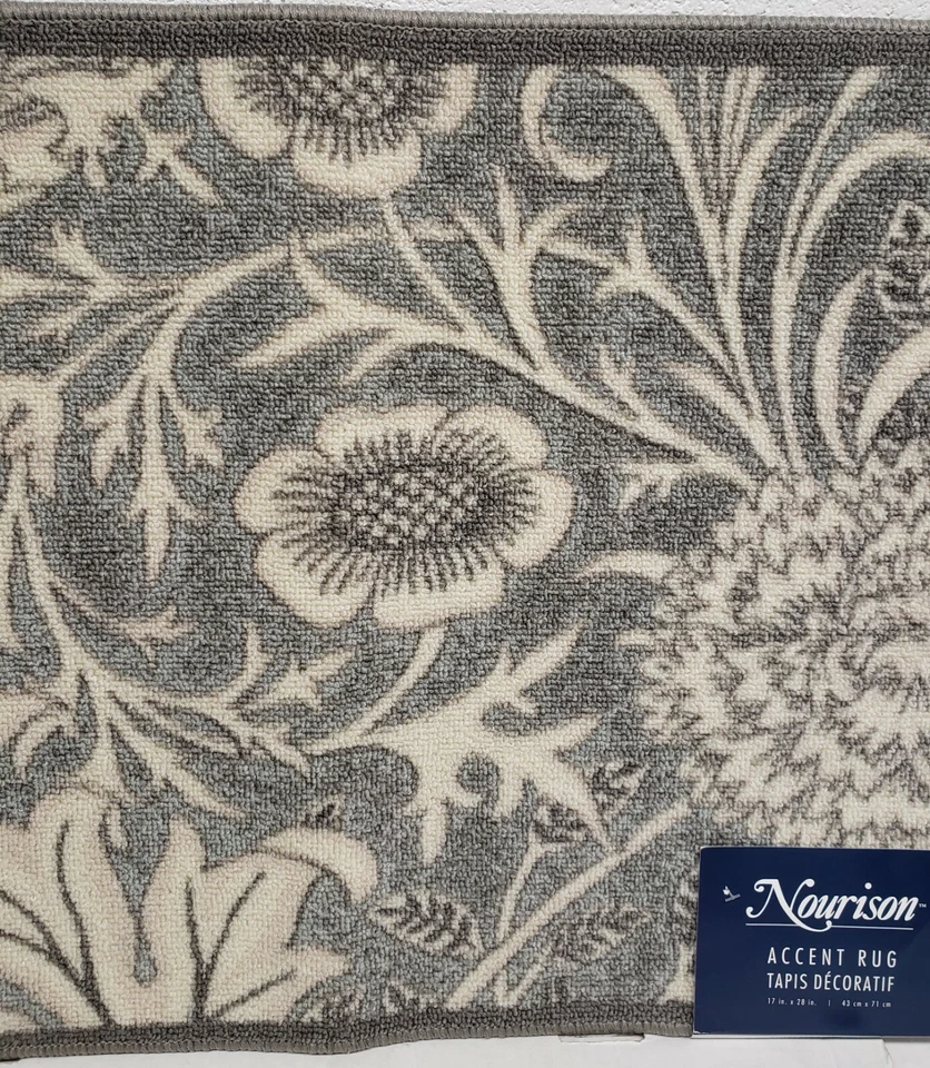 ALFOMBRA DE NYLON IMPRESA (antideslizante)(18x30") FLORES BLANCAS SOBRE GRIS, bordes grises, sin precio base Foto 3 de 4