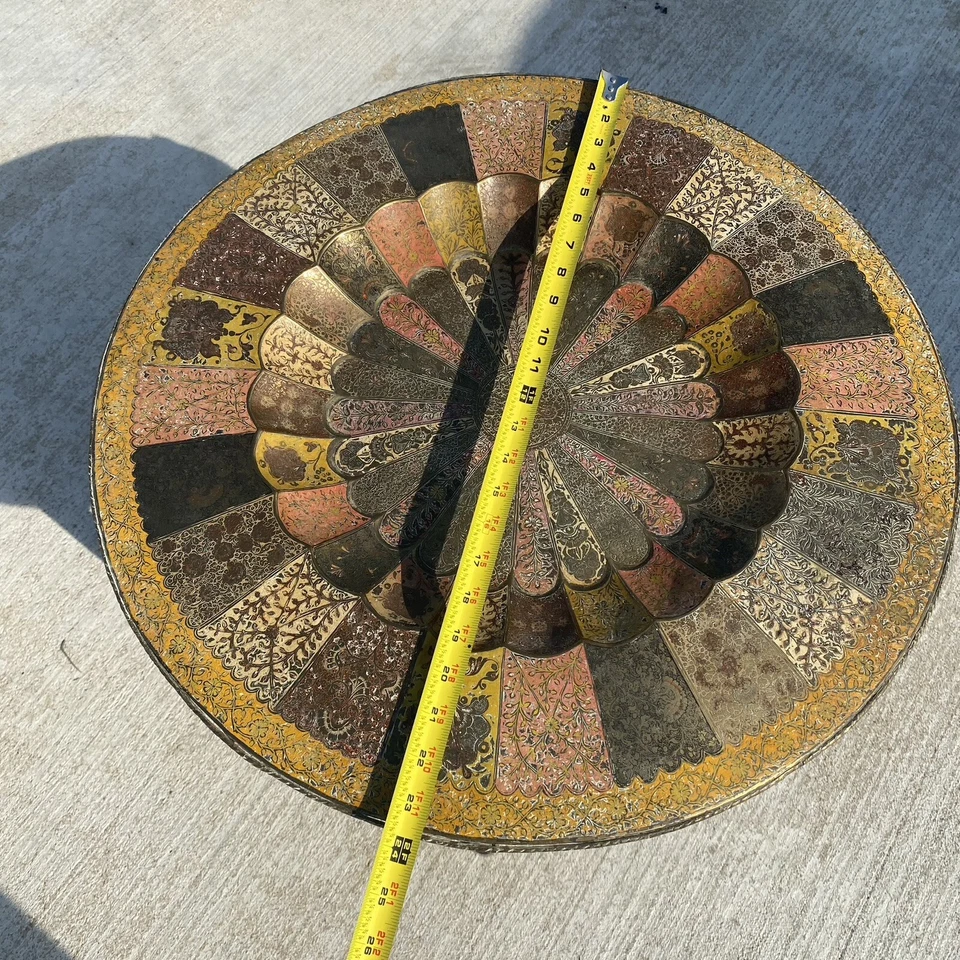 Vintage Moroccan Etched Brass Tin Round Tray Wood Folding Legs Coffee Table - Image 4 of 4