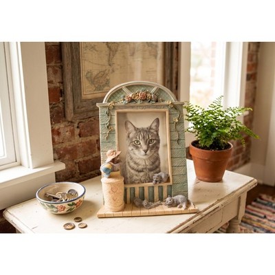 Vintage 3D Cat Picture Frame Resin Pastel Floral Kitten 3.5x5 Cottagecore