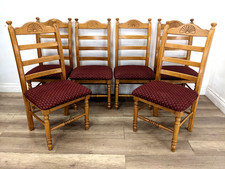 DINING CHAIRS 6 Oak Ladder Back Carved Burgundy Padded Seats FREE DELIVERY