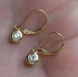 Authentic Bezel Set 1Ct Round Created Diamond Dangle Drop Earrings 14K Yellow Gold Plated