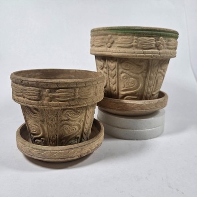 Rustic Art Pottery Planters w Saucers Embossed Floral Scroll Garden Decor Set 2