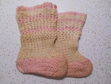 Antique Hand Knit Pink Crochet Baby - Doll Socks Booties Museum Deaccession