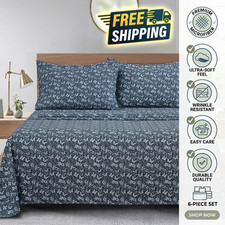 Dark Blue Butterfly Floral Print South Point 6Pc Microfiber Sheet Set Queen Size